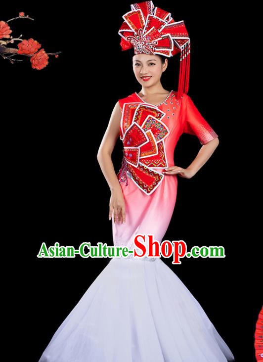Traditional Chinese Zhuang Nationality Liu Sanjie Red Veil Dress Ethnic Folk Dance Stage Show Costume for Women