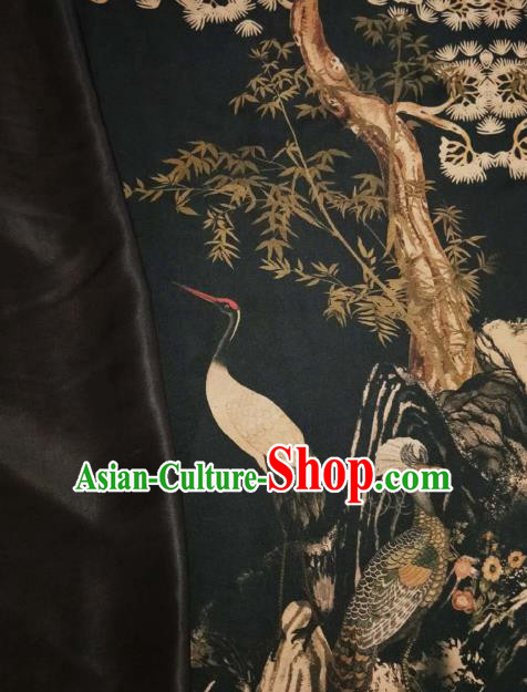 Asian Chinese Traditional Pine Crane Pattern Design Black Gambiered Guangdong Gauze Fabric Silk Material
