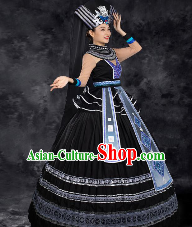 Chinese Traditional Zhuang Nationality Black Pleated Dress Ethnic Folk Dance Stage Show Liu Sanjie Costume for Women