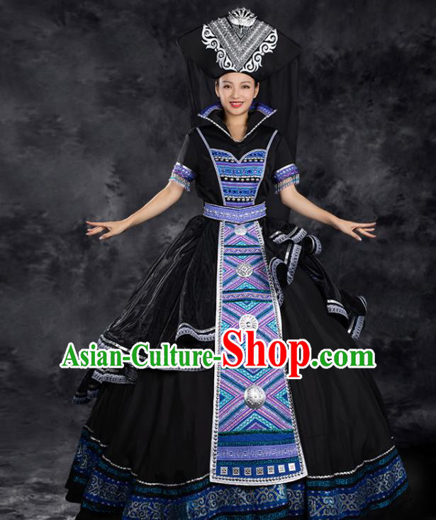 Chinese Traditional Zhuang Nationality Black Satin Dress Ethnic Folk Dance Stage Show Liu Sanjie Costume for Women