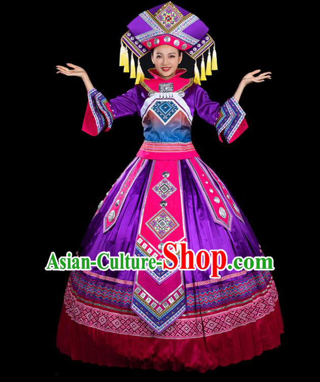 Chinese Traditional Zhuang Nationality Mandarin Sleeve Purple Dress Ethnic Folk Dance Stage Show Liu Sanjie Costume for Women