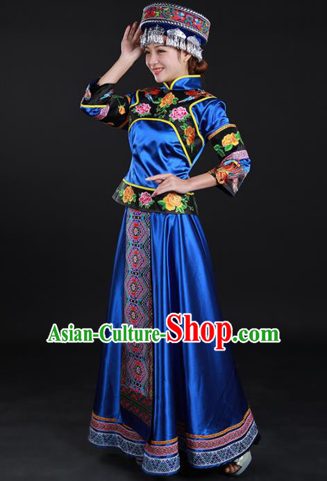 Chinese Traditional Yao Nationality Royalblue Dress Ethnic Folk Dance Stage Show Costume for Women