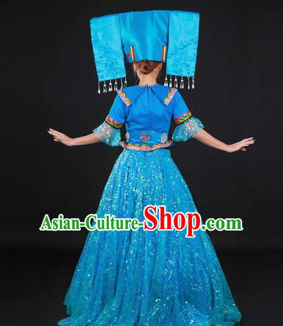 Chinese Traditional Zhuang Nationality Light Blue Dress Ethnic Folk Dance Stage Show Costume for Women