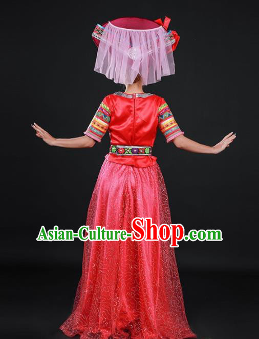 Chinese Traditional Zhuang Nationality Red Dress Ethnic Folk Dance Stage Show Costume for Women