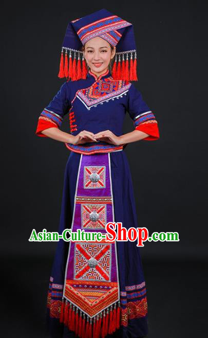 Chinese Traditional Zhuang Nationality Navy Dress Ethnic Folk Dance Stage Show Costume for Women