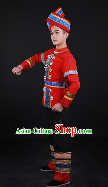 Chinese Traditional Zhuang Nationality Red Outfits Ethnic Minority Folk Dance Stage Show Costume for Men