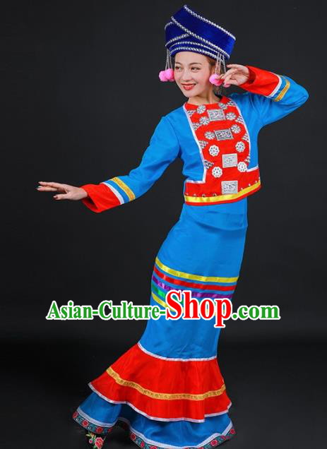 Chinese Traditional Deang Nationality Sky Blue Dress Ethnic Folk Dance Stage Show Costume for Women