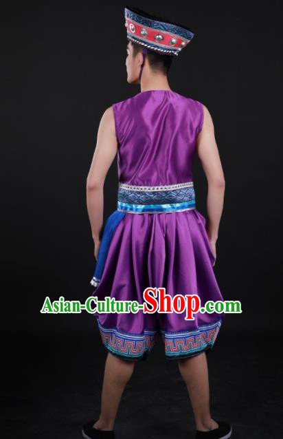 Chinese Traditional Yao Nationality Festival Purple Outfits Ethnic Minority Folk Dance Stage Show Costume for Men