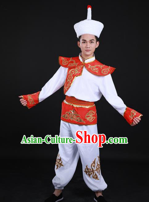 Chinese Traditional Ewenki Nationality Festival White Outfits Ethnic Minority Folk Dance Stage Show Costume for Men