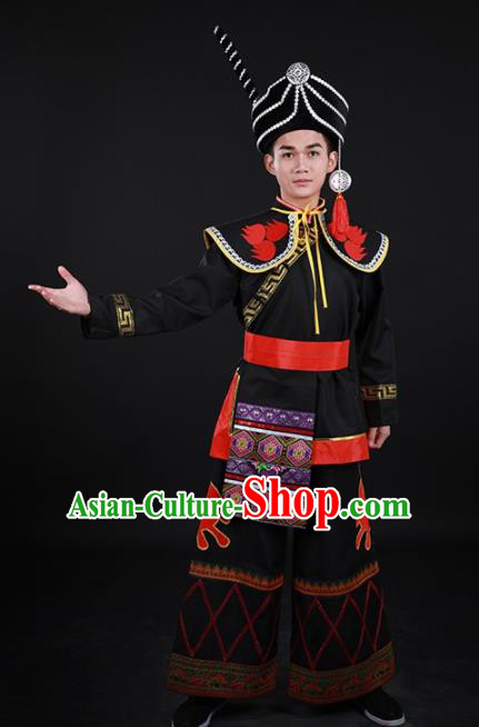 Chinese Traditional Yi Nationality Festival Black Outfits Ethnic Minority Folk Dance Stage Show Costume for Men