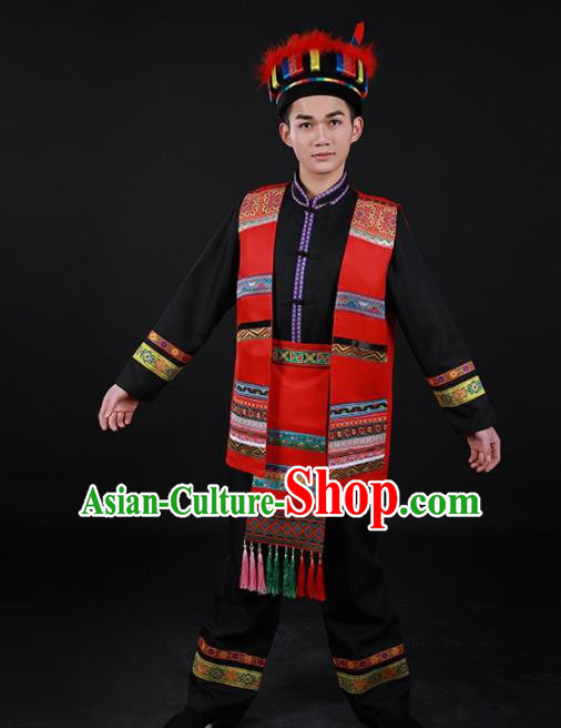 Chinese Traditional Yao Nationality Festival Black Outfits Ethnic Minority Folk Dance Stage Show Costume for Men