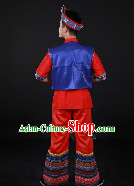Chinese Traditional Zhuang Nationality Festival Red Outfits Ethnic Minority Folk Dance Stage Show Costume for Men