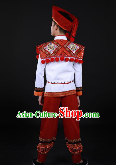 Chinese Traditional Yao Nationality Festival Red Outfits Ethnic Minority Folk Dance Stage Show Costume for Men