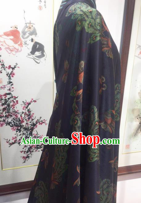Asian Chinese Traditional Peacock Pattern Design Navy Gambiered Guangdong Gauze Fabric Silk Material