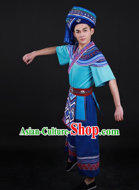 Chinese Traditional Yao Nationality Blue Outfits Ethnic Minority Folk Dance Stage Show Costume for Men
