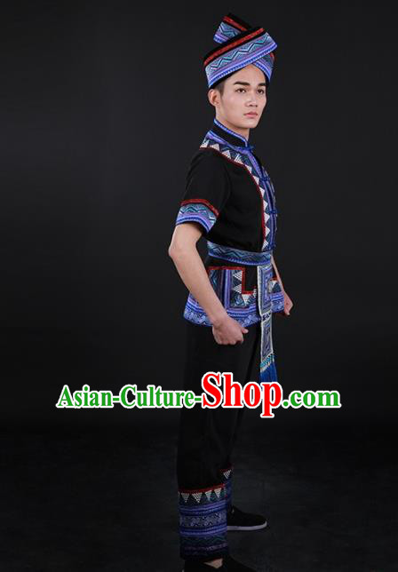 Chinese Traditional Zhuang Nationality Black Outfits Ethnic Minority Folk Dance Stage Show Costume for Men