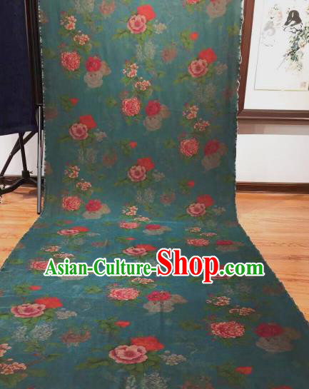 Asian Chinese Traditional Peony Pattern Design Peacock Blue Gambiered Guangdong Gauze Fabric Silk Material