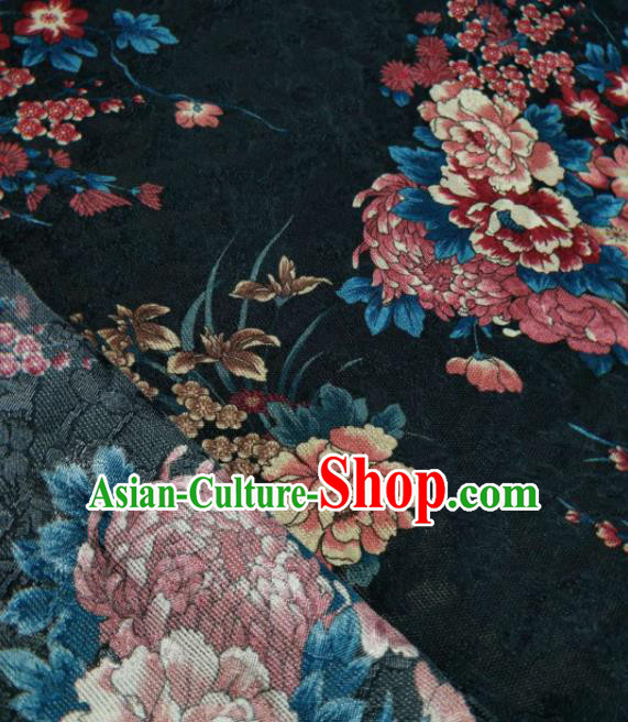 Asian Chinese Traditional Peony Plum Pattern Design Navy Gambiered Guangdong Gauze Fabric Silk Material