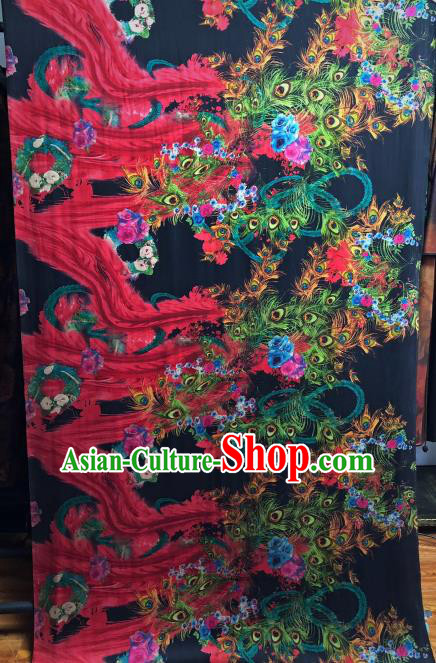 Asian Chinese Classical Peacock Pattern Design Red Gambiered Guangdong Gauze Fabric Traditional Silk Material