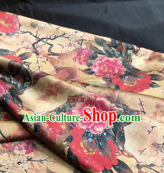 Asian Chinese Classical Peony Pattern Design Ginger Gambiered Guangdong Gauze Fabric Traditional Silk Material