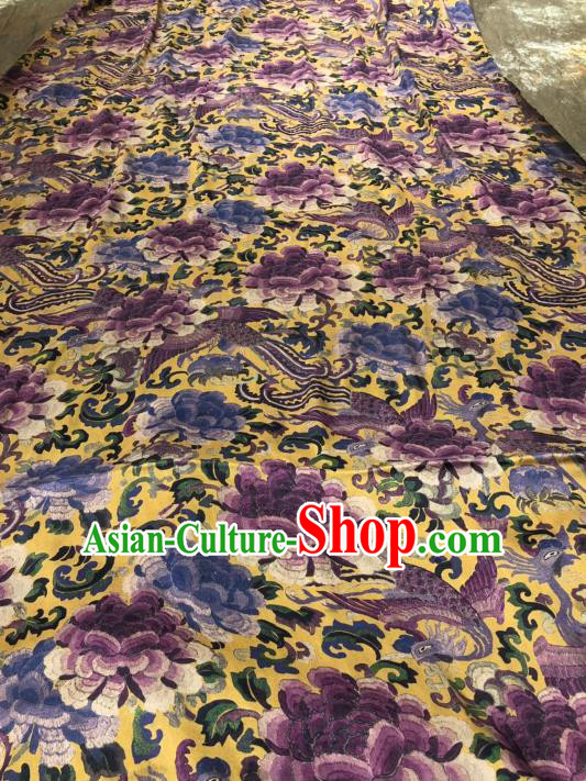 Asian Chinese Classical Phoenix Peony Pattern Design Yellow Gambiered Guangdong Gauze Fabric Traditional Silk Material