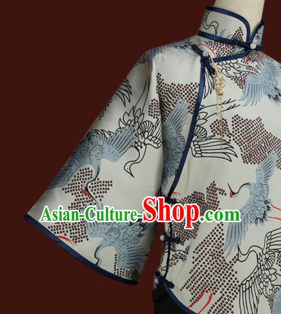 Traditional Chinese Tang Suit Printing Crane Blouse Cheongsam Upper Outer Garment for Women