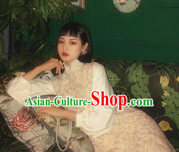 Chinese Traditional Embroidered Beige Cheongsam Costume Republic of China Mandarin Qipao Dress for Women