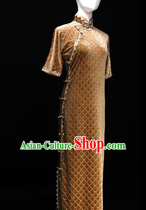 Chinese Traditional Golden Velvet Cheongsam Costume Republic of China Mandarin Qipao Dress for Women