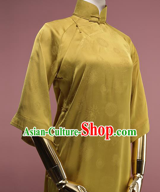 Chinese Traditional Golden Silk Cheongsam Costume Republic of China Mandarin Qipao Dress for Women