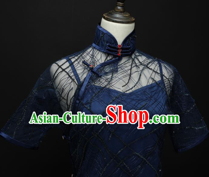 Chinese Traditional Blue Silk Cheongsam Costume Republic of China Mandarin Qipao Dress for Women