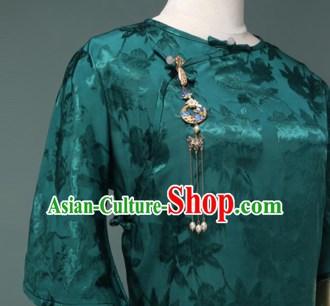Chinese Traditional Deep Green Silk Cheongsam Costume Republic of China Mandarin Qipao Dress for Women