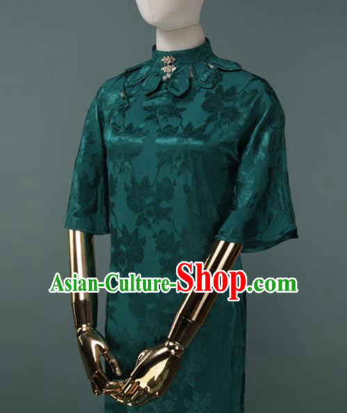 Chinese Traditional Deep Green Silk Cheongsam Costume Republic of China Mandarin Qipao Dress for Women
