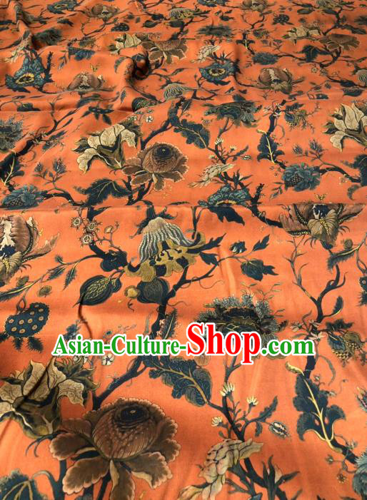 Asian Chinese Classical Flowers Pattern Design Orange Gambiered Guangdong Gauze Fabric Traditional Silk Material