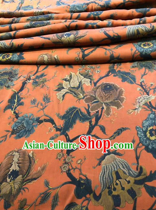 Asian Chinese Classical Flowers Pattern Design Orange Gambiered Guangdong Gauze Fabric Traditional Silk Material