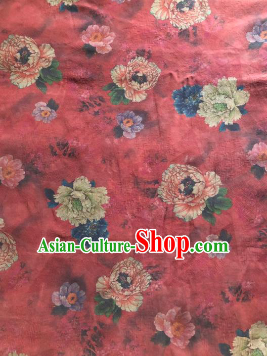 Asian Chinese Classical Peony Pattern Design Red Gambiered Guangdong Gauze Fabric Traditional Silk Material