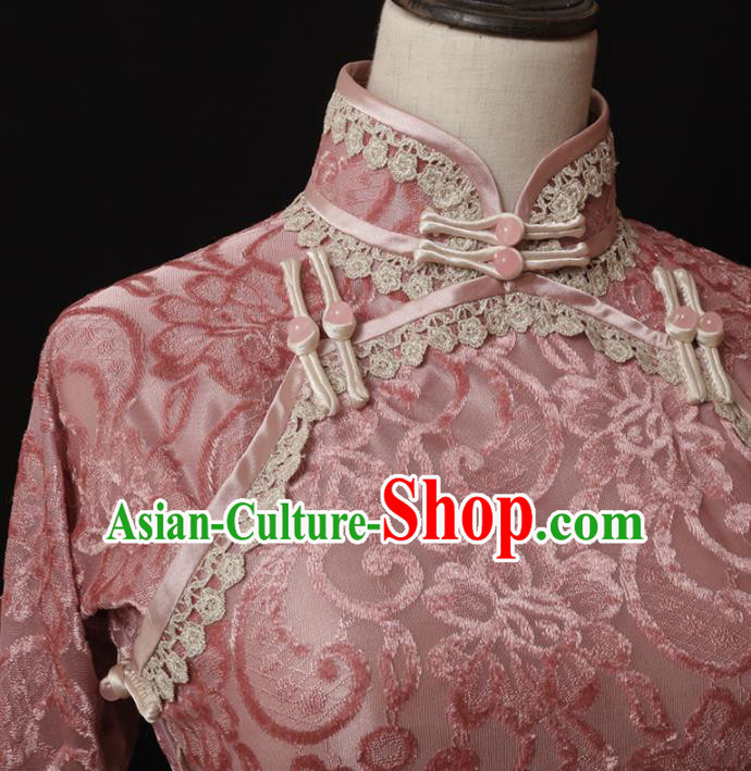 Chinese Traditional Deep Pink Velvet Cheongsam Costume Republic of China Mandarin Qipao Dress for Women