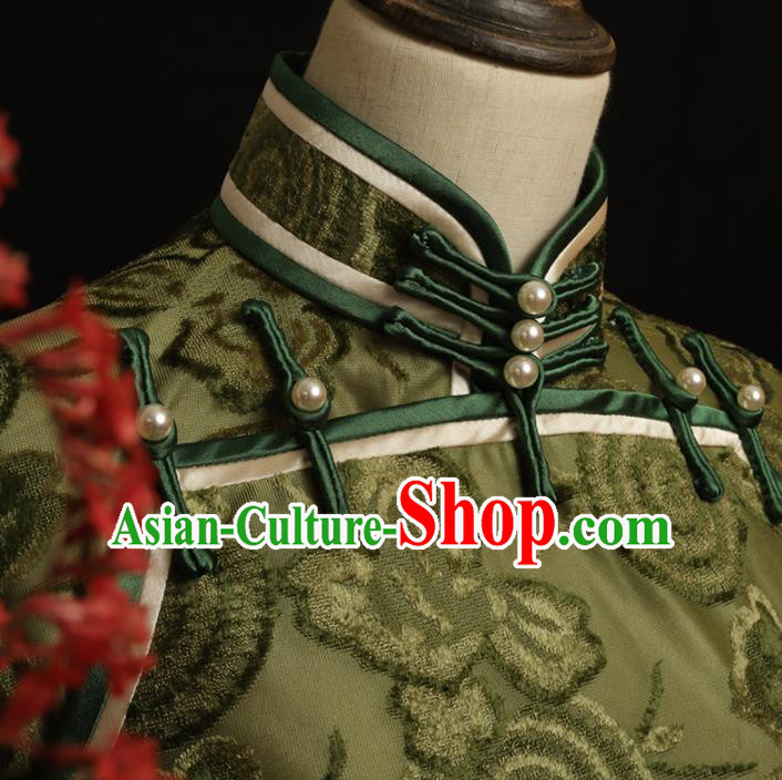 Chinese Traditional Olive Green Velvet Cheongsam Costume Republic of China Mandarin Qipao Dress for Women