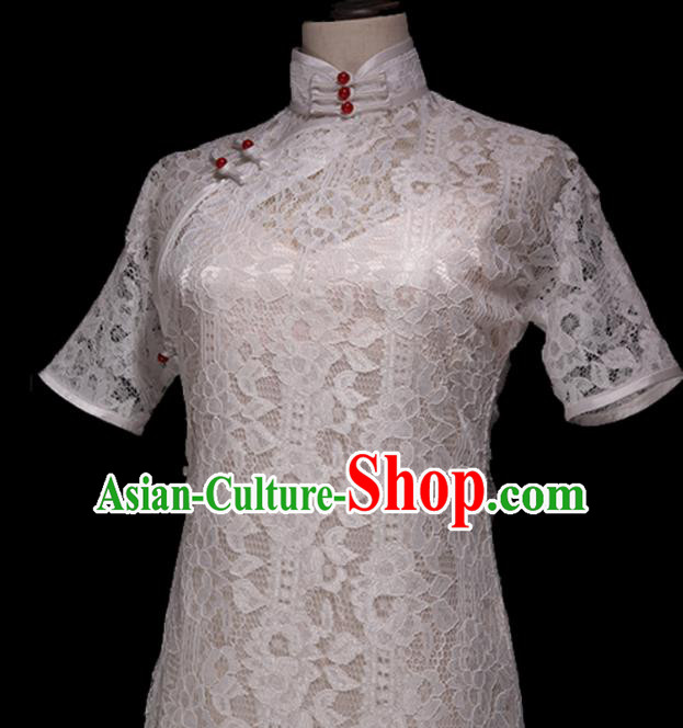 Chinese Traditional White Lace Cheongsam Costume Republic of China Mandarin Qipao Dress for Women