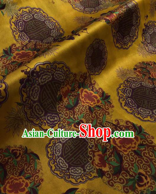 Asian Chinese Traditional Peony Pattern Design Yellow Gambiered Guangdong Gauze Fabric Silk Material