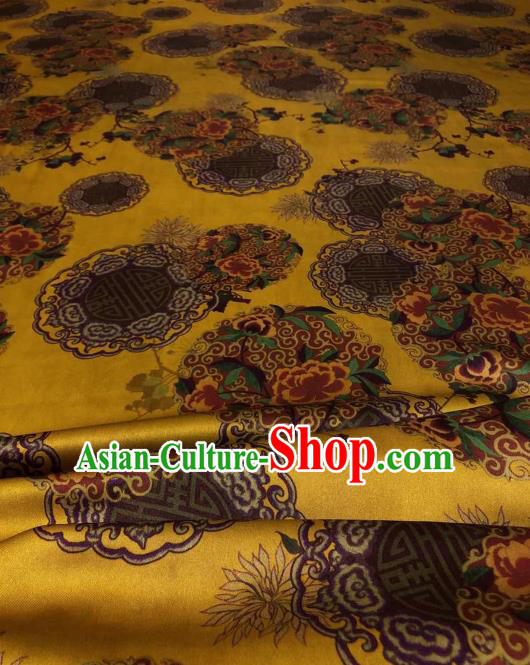 Asian Chinese Traditional Peony Pattern Design Yellow Gambiered Guangdong Gauze Fabric Silk Material