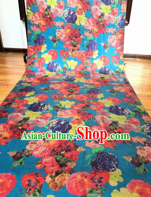 Asian Chinese Traditional Flowers Pattern Design Blue Gambiered Guangdong Gauze Fabric Silk Material