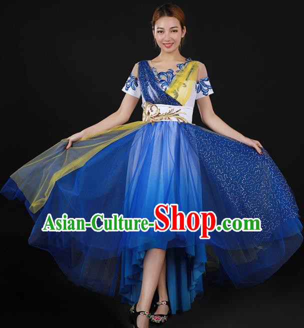 Chinese Spring Festival Gala Modern Dance Blue Dress Traditional Chorus Stage Show Costume for Women
