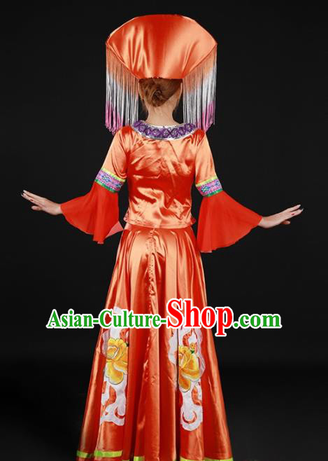 Chinese Traditional Zhuang Nationality Red Expansion Dress Ethnic Minority Folk Dance Stage Show Costume for Women