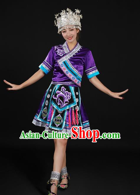 Chinese Traditional Miao Nationality Purple Blouse and Skirt Ethnic Minority Folk Dance Stage Show Costume for Women