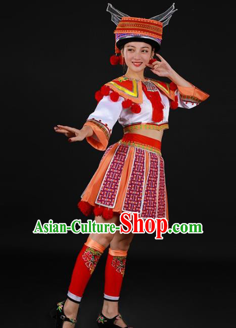 Chinese Traditional Yao Nationality White Blouse and Orange Short Skirt Ethnic Minority Folk Dance Stage Show Costume for Women