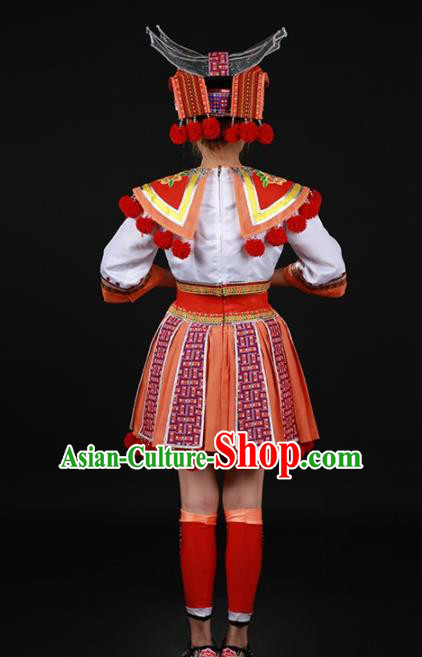 Chinese Traditional Yao Nationality White Blouse and Orange Short Skirt Ethnic Minority Folk Dance Stage Show Costume for Women