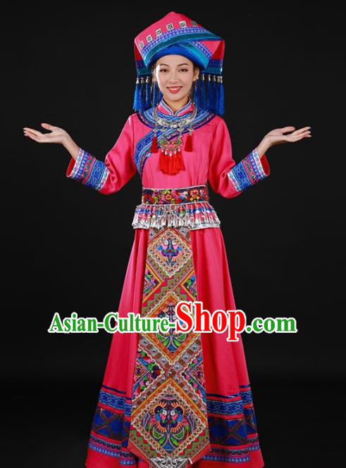 Chinese Traditional Zhuang Nationality Rosy Long Dress Ethnic Minority Folk Dance Stage Show Costume for Women