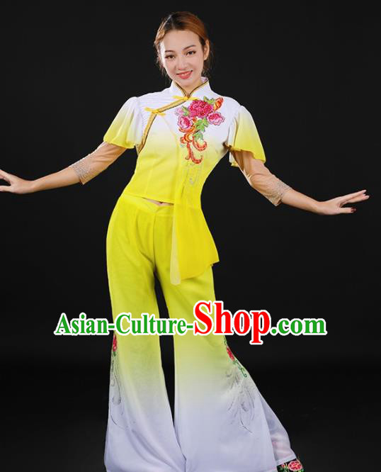 Chinese Spring Festival Gala Folk Dance Yellow Outfits Traditional Fan Dance Costume for Women