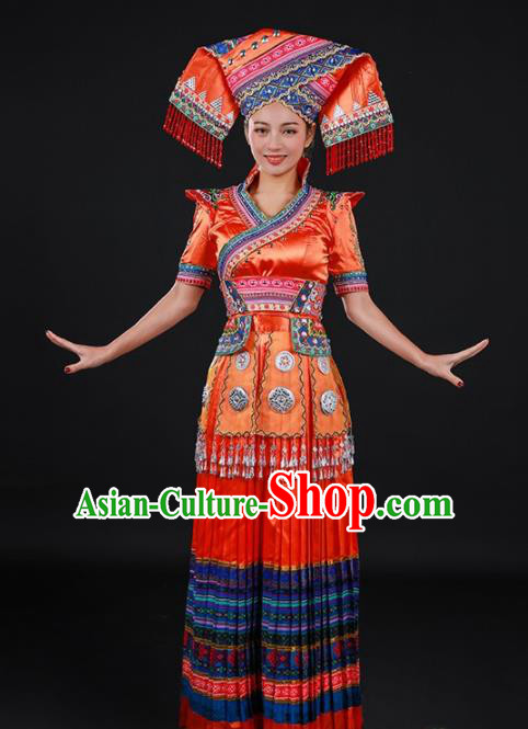 Chinese Traditional Zhuang Nationality Orange Long Dress Ethnic Minority Folk Dance Stage Show Costume for Women