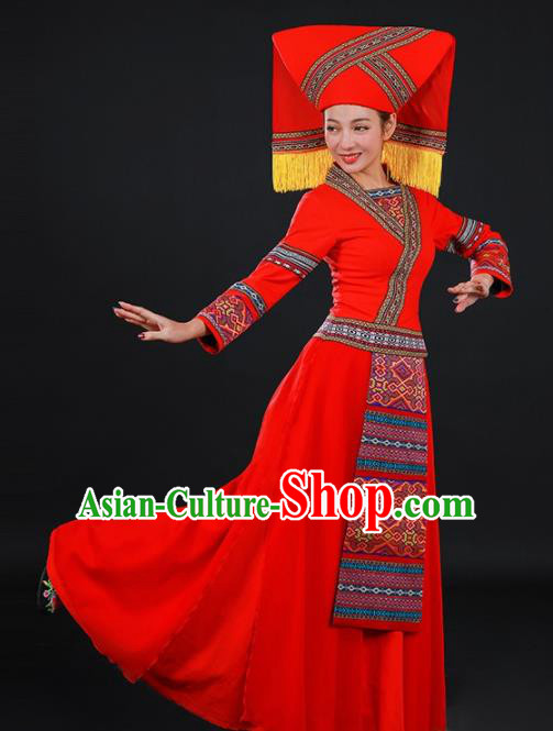 Chinese Traditional Zhuang Nationality Red Long Dress Ethnic Minority Folk Dance Stage Show Costume for Women